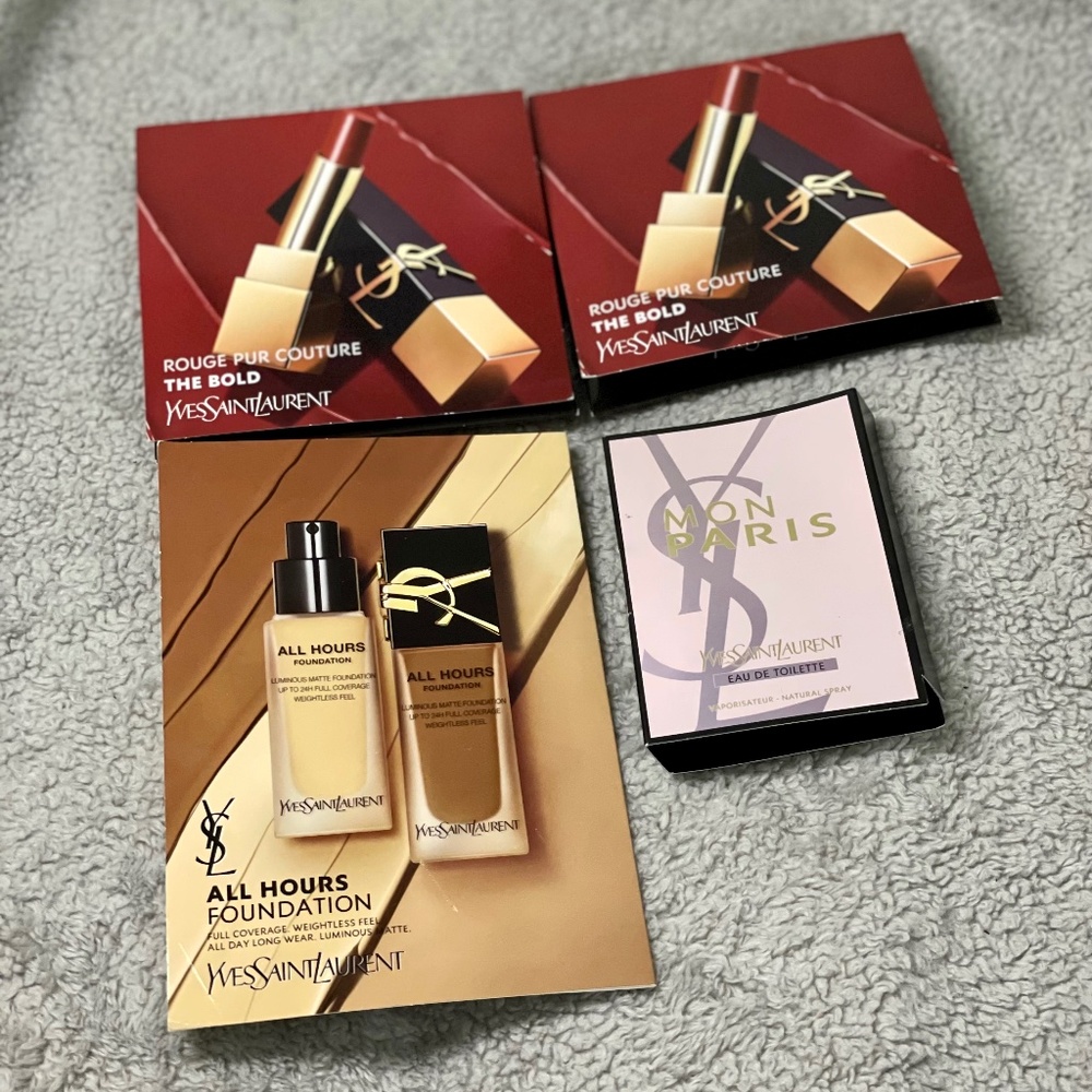 4 YSL Sample Bundle: Rouge Pur Couture The Bold, All Hours Foundation, Mon Paris